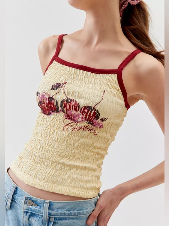Urban Outfitters Tops - Urban Outfitters Yellow Smocked Camisole with Burgundy Trim and Cherry Graphic